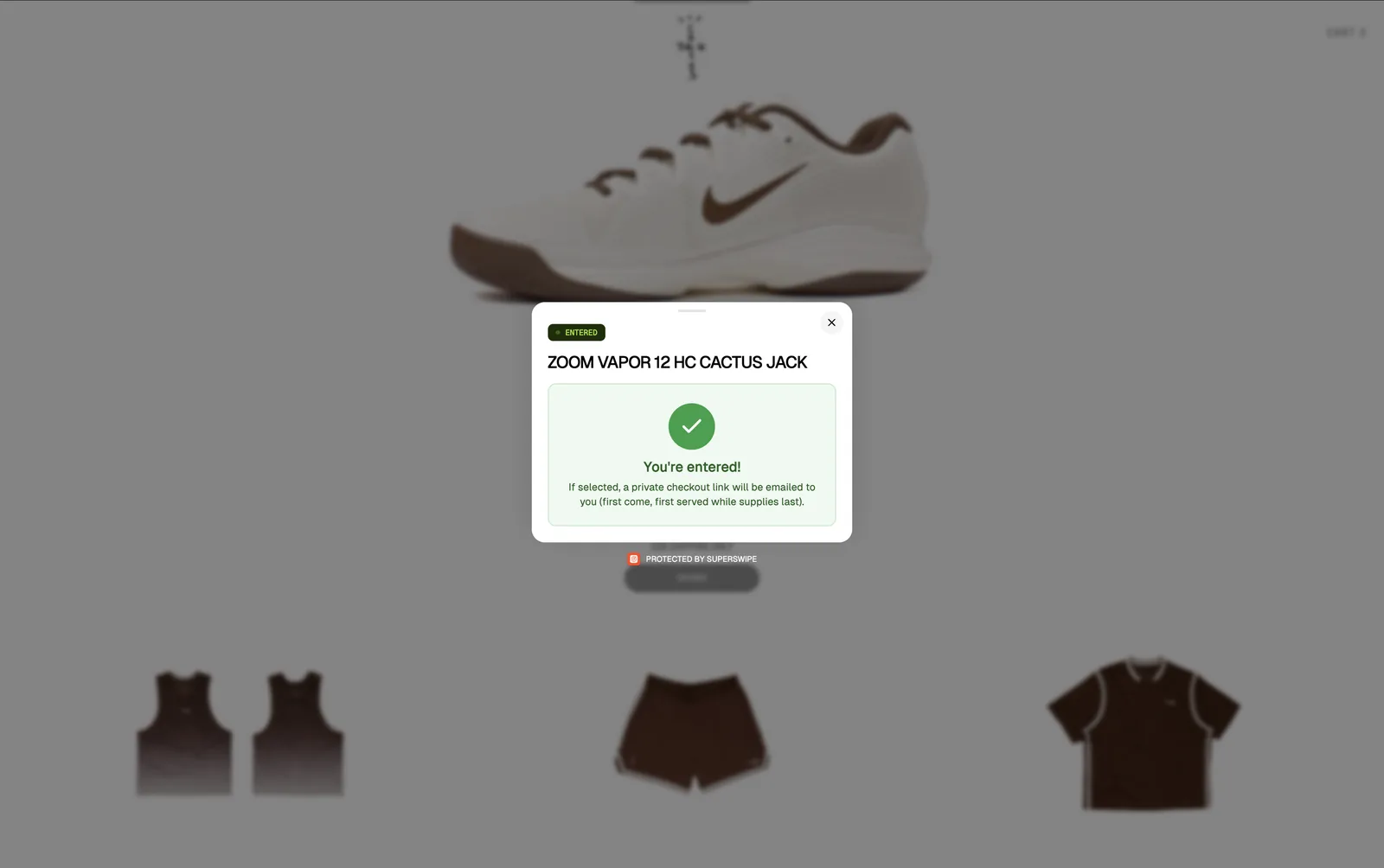 Entry confirmation for the Zoom Vapor 12 HC draw on shop.travisscott.com