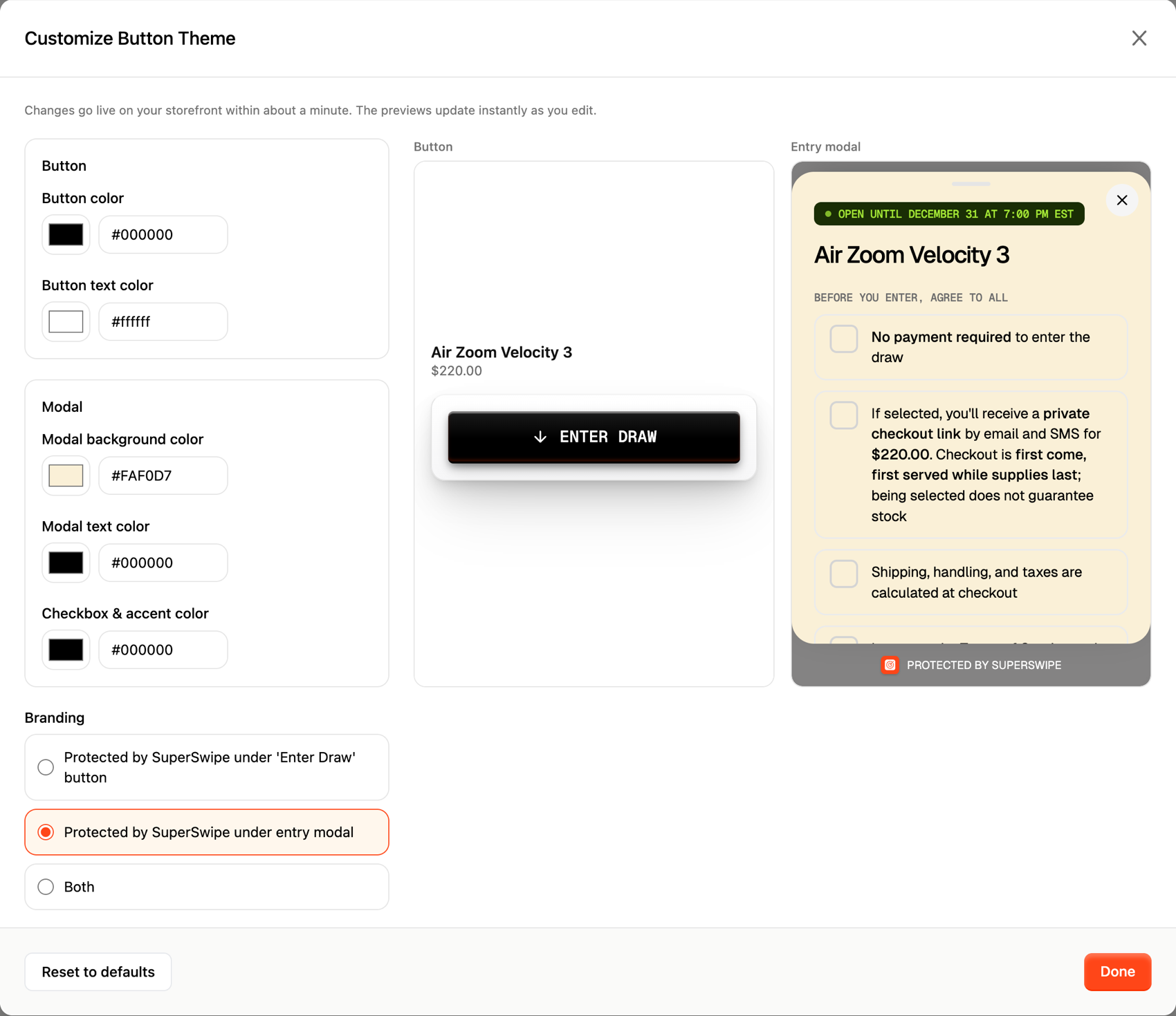 The Customize Button Theme panel in SuperSwipe Settings, with color fields on the left and live button and entry modal previews on the right