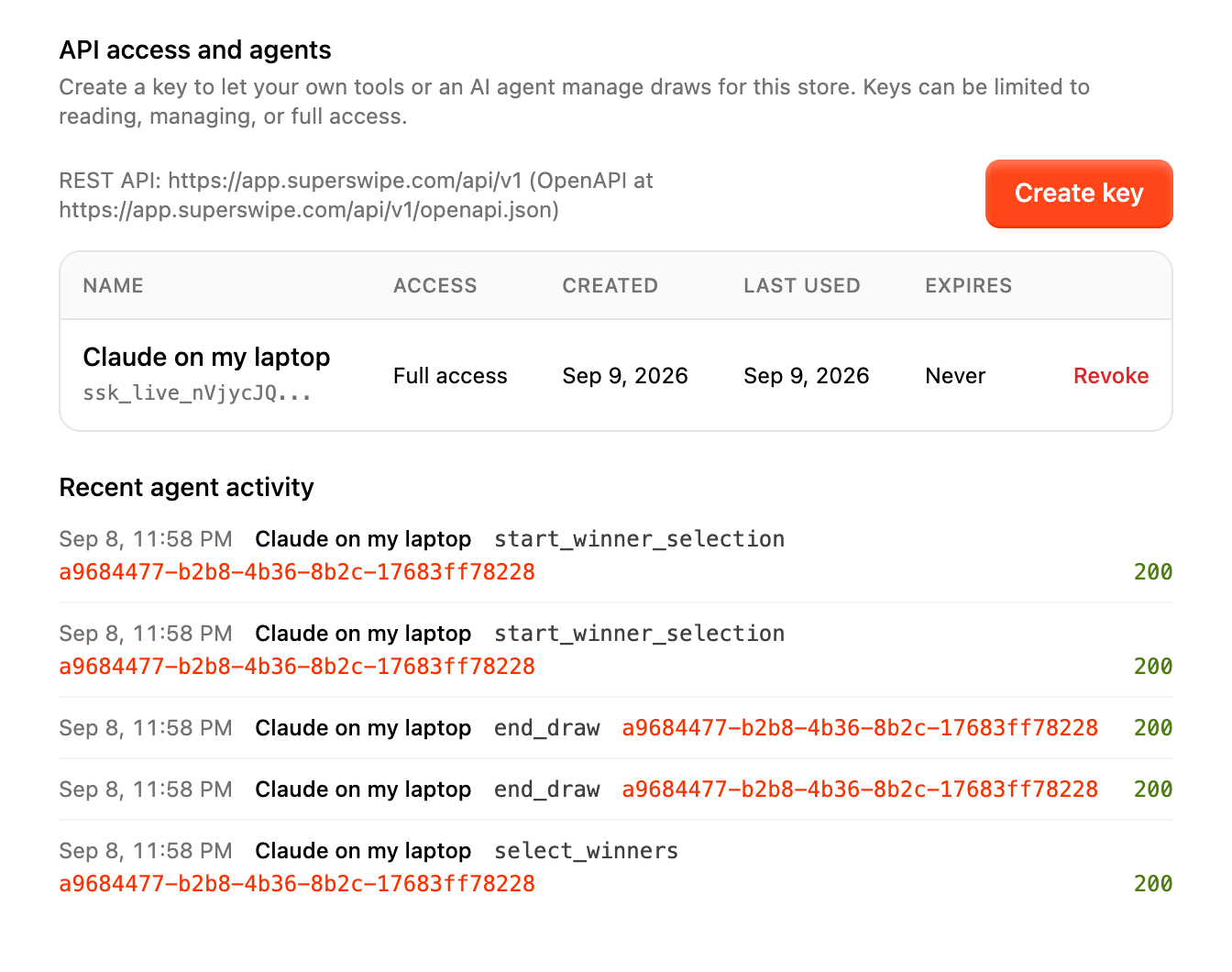 The API access and agents section of SuperSwipe settings with one full access key named Claude on my laptop and a list of recent agent activity