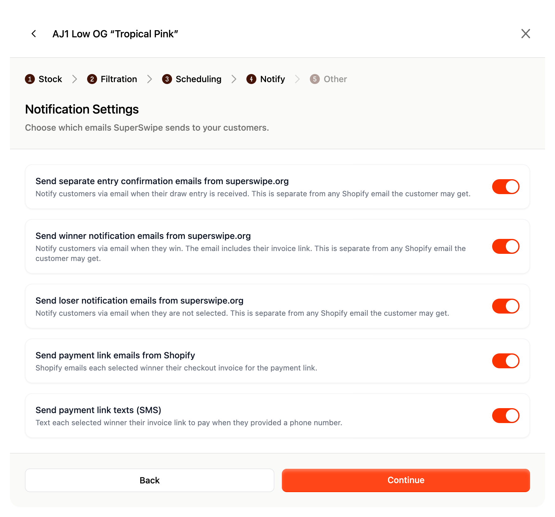 Notification settings step in the SuperSwipe dashboard with toggles for entry, winner, and payment link emails and payment link texts